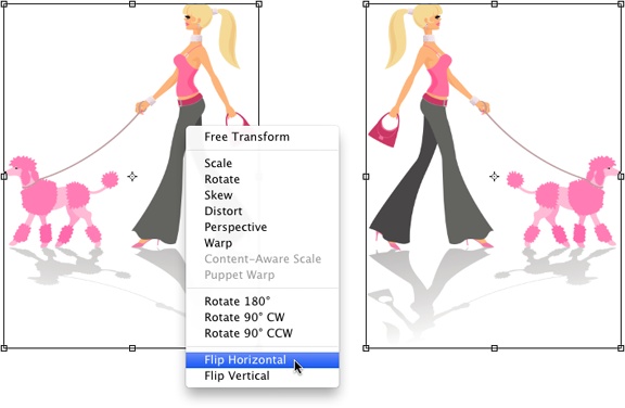 When you choose one of the Transform commands from the Edit menu (or activate all of ’em by choosing Free Transform), you’ll get a bounding box surrounded by tiny, draggable handles.Left: After you pick a Transform command, you can access all the options found in the Edit→Transform submenu by Control-clicking (right-clicking) inside the bounding box to bring up this shortcut menu.Right: By choosing Flip Horizontal, you can make this girl and her dog travel in the opposite direction.