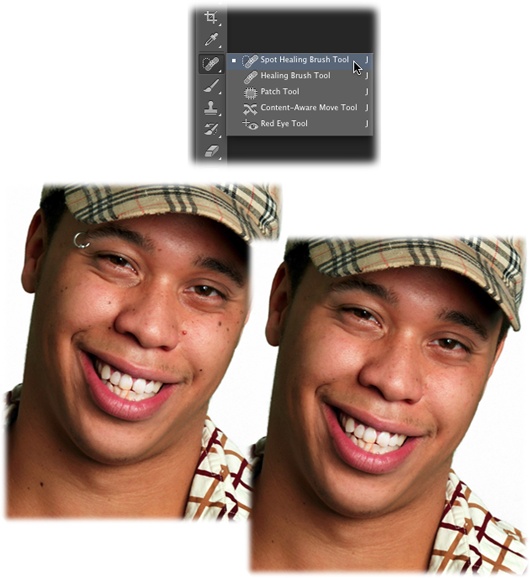 Top: Photoshop’s magical healing tools, including the Content-Aware Move tool (discussed on page 443).Bottom: A lot of moles—and an eyebrow ring—have completely disappeared from this guy’s face. With a few clicks here and a few drags there, you can clean up a photo without making it look obviously retouched. Some of the guy’s lighter freckles are still hanging around, and the bags under his eyes aren’t completely gone; they’re just lightened so they’re not distracting.