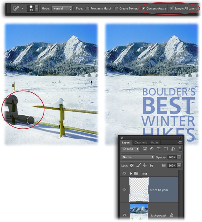 Top: You need some space on either side of the soon-to-be-zapped object for this truck to work well, and this fence has plenty of extra snow around it. By turning on the Spot Healing Brush’s Content-Aware option as well as Sample All Layers (circled), you can nondestructively delete this fence.Bottom: As you paint across the fence, Photoshop marks your brushstrokes in dark gray (circled, left). When you release your mouse button, Photoshop copies surrounding pixels to make the fence disappear. In the Layers panel (right), you can see that the fence-zapping happened on its very own layer, leaving you plenty of room to add text.