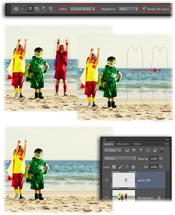 Top: By setting the Patch menu to Content-Aware (circled), Photoshop performs a little extra blending to make any lines or patterns inside the selected area match up with its surroundings. This feature is handy if your image contains a horizon line, buildings, or man-made objects.Middle: After creating a selection, click and drag it to a new area in your image. Here, the selection was moved to the right and positioned so that the horizon lines remain parallel.Bottom: As you can see, Photoshop did a remarkable job of removing this little guy from the beach scene. (Hey, even bands of superheroes break up!)Try this technique yourself by visiting this book’s Missing CD page at www.missingmanuals.com/cds and downloading the practice file Heroes.jpg.