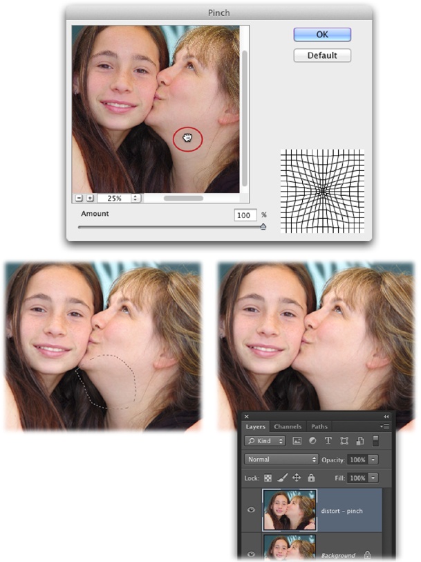Top: If you click in the Pinch dialog box’s preview window and hold down your mouse button, Photoshop shows you the pre-pinched version of the image. You can drag to move the image around (your cursor turns into a little hand, which is circled here). Use the + and – buttons below the preview window to zoom into or out of your image.Bottom: If you duplicate the Image layer by pressing ⌘-J (Ctrl+J) before running the filter, you won’t harm the original image. (Alternatively, you can convert the image for Smart Filters, as explained on page 632).A fix like this one will earn you loyal clients for life!