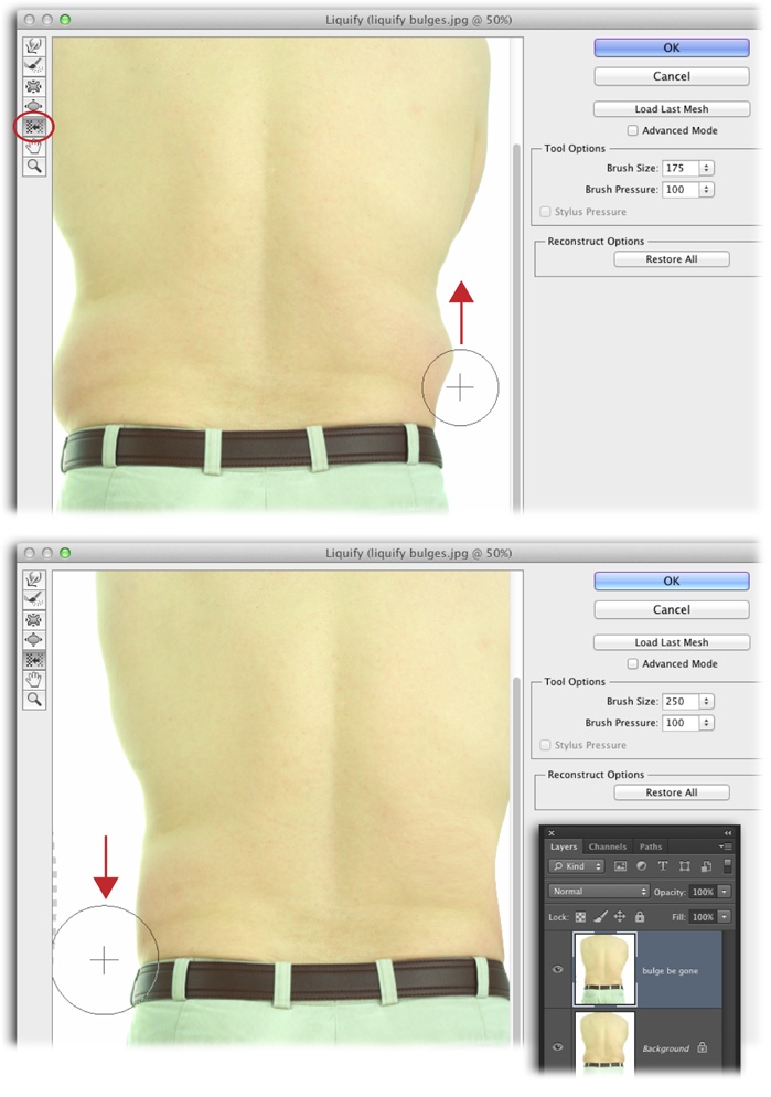 Top: You can use the Liquify filter’s Push Left tool (circled) to eliminate any bulge. Just click and drag upward to push a left-facing bulge back in. If only this trick worked in real life!Bottom: To fix a right-facing bulge, click and drag downward instead.Even though you don’t see a mesh when you’re using this dialog box, behind the scenes Photoshop uses a mesh to keep track of how you’re pushing/pulling the pixels around. If you need to immediately perform the same change (or rather, liquification) to another image, pop it open, activate the filter, and then click the Load Last Mesh button. To permanently save a mesh, click the Save Mesh button and, in the resulting dialog box, give it a name and tell Photoshop where to store it. When you’re ready to use it, click the Load Mesh button and navigate to where the mesh lives.Give this maneuver a try by visiting this book’s Missing CD page at www.missingmanuals.com/cds and downloading Lovehandles.jpg.