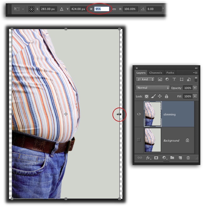 Top: If you do this kind of retouching while you’re working in public, be sure to look over both shoulders first—you don’t want to reveal this secret to just anyone! Once you’ve summoned the Free Transform bounding box, you can simply type 95 into the Width field, circled here.Bottom: By duplicating the Image layer first, you don’t mess up your original. Just be sure to turn off the original layer’s visibility eye so you can see the newer, slightly slimmer version.