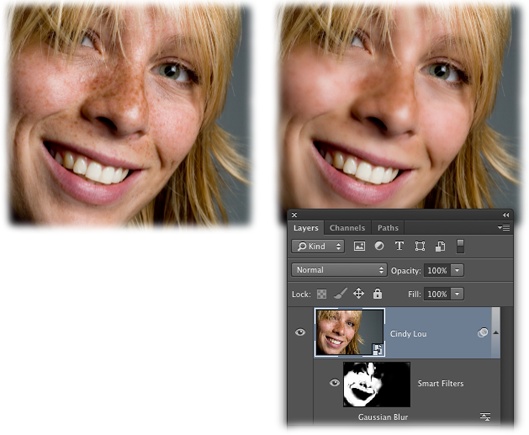 Just like Robitussin and duct tape, the Gaussian Blur filter can fix darn near anything. It made this woman’s skin look nice and smooth by lessening the intensity of her freckles without removing them completely.And by using Smart Filters, you can use the automatic layer mask that comes along with the filter to hide the effects from her hair, eyes, nostrils, and mouth.