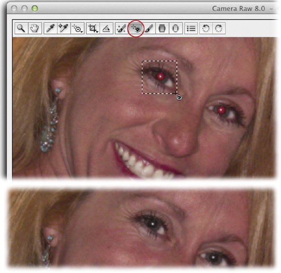 If drawing a box around the offending red-eye doesn’t zap it completely, you can use the Pupil Size and Darken sliders on the right side of the Camera Raw window (not shown here). New in Camera Raw 8, the sliders give you a live preview as you drag ’em (it’s hard to believe that wasn’t always the case!).When you’re finished, a black-and-white circle appears around the pupil, letting you know that Camera Raw made the fix. To get rid of the box, turn off the Show Overlay checkbox or press V. Click Done to save your changes and close the Camera Raw window.
