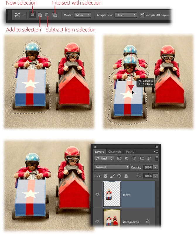 Top: Use the new, add, subtract, and intersect buttons labeled here to alter your selection. The Mode menu lets you tell Photoshop what you want to do: Move or Extend. The Adaptation menu lets you determine how much blending Photoshop does in the selected area, from a lot (Very Loose) to not very much (Very Strict). (These options are explained back on pages 416–417.)Middle: Once you’ve selected the object, drag it to another position. As you drag, you see an overlay that includes position info.Bottom: If you’ve got a good-sized chunk of background around the item you’re moving and you’re not moving it very far, this tool does a good job. That said, you’ll need to use the Spot Healing Brush (set to Content-Aware) or the Clone Stamp tool to clean up areas that went astray (just be sure to perform the cleanup on new empty layers, positioned above the Content-Aware Move layer).