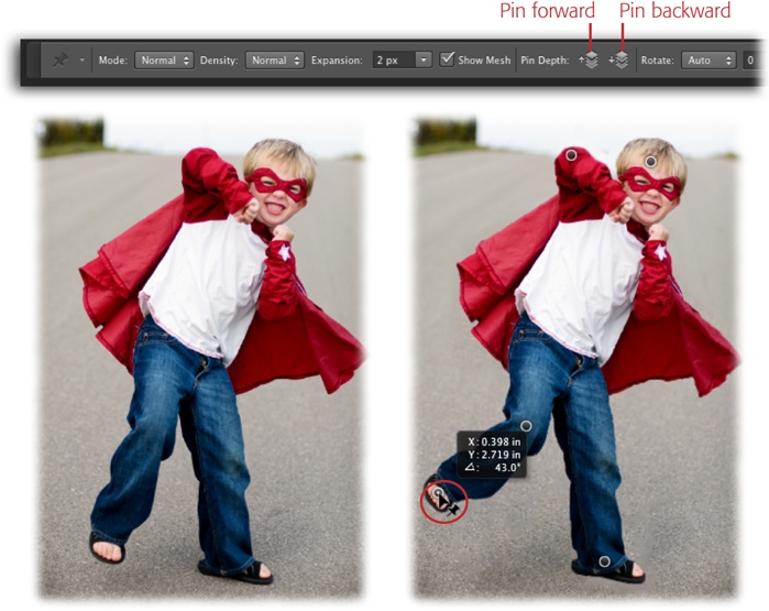 Top: Here are the Puppet Warp command’s Options bar settings.Bottom: Once you’ve prepared your subject or object for use with Puppet Warp as described in the steps on page 447, you can start dropping pins. To move this boy’s leg and exaggerate the kick, drop pins onto the parts you want to move (his left foot) as well as the parts you want to remain in place (his left knee, arm, head, and right foot). (The original karate kid is shown on the left.)If everything seems to go to heck in a handbasket and you want to start over, click the Options bar’s Remove All Pins button (not shown—its icon is a curved arrow over a line).