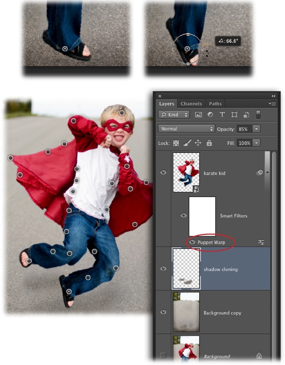 Top: To spin the pixels beneath a pin, click to activate the pin (left), and then press and hold Option (Alt) to reveal this handy circle (right); just click and drag around the circle when it appears. Photoshop displays the rotation angle as you drag.Bottom: Here you can see all the pins needed to expand his cape and move his legs so it appears that he’s jumping and kicking at the same time. To edit the pins later, just double-click the Puppet Warp layer in the Layers panel (circled).Compare this image to the original photo shown back in Figure 10-24 and you’ll really appreciate the power of Puppet Warp!
