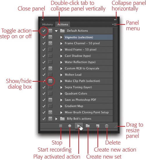 You can rename, duplicate, and delete actions just like layers and channels. Shift-click or ⌘-click (Ctrl-click) to activate multiple actions so you can add them to an action set (see below) or delete them.The Actions panel’s menu (shown in Figure 18-2) is chock full of useful commands for working with actions.To view each step inside an action, click the little flippy triangle next to the action’s name.