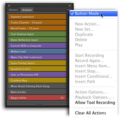 Instead of triggering an action by choosing it in the panel and then clicking the Play button, you can just click the button with the action’s name on it.One drawback to using Button mode is that it doesn’t let you edit actions or create new ones. You also can’t turn individual steps within an action on or off. Darn!