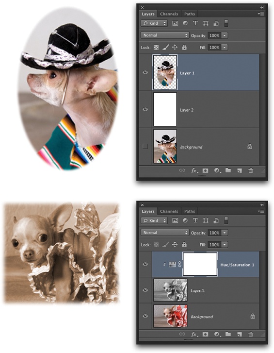 Top: Photoshop’s built-in actions include “Vignette (selection),” which creates images like this. As you can tell from its name, you have to create a selection before running it.Bottom: Another useful built-in action, named “Sepia Toning (layer),” adds a sepia (brown) tone to images.In both these examples, the action created all the layers you see here, except for the original Background layer (which shows you what the original images looked like).