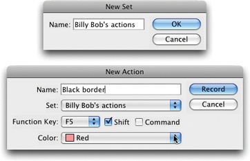 Top: Keep your Actions panel organized by storing actions in sets. This also lets you keep the actions you’ve made (or downloaded—see page 771) separate from those that come with Photoshop, as well as group ’em together by task or project.Bottom: This dialog box lets you name your action and assign it a keyboard shortcut for faster access. The shortcut can be a function key (the F keys at the top of your keyboard) and, if you want, a modifier key (Shift or ⌘ [Shift or Ctrl on a PC]). By combining F keys and modifiers, you can create as many as 60 custom shortcuts for your actions (depending on the number of function keys on your keyboard).