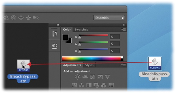 You can quickly load an action by dragging and dropping its ATN file into the Photoshop workspace. The new action appears in your Actions panel.Alternatively, use the new Adobe Exchange panel to automatically install a downloaded action, as the Note on page 771 explains.