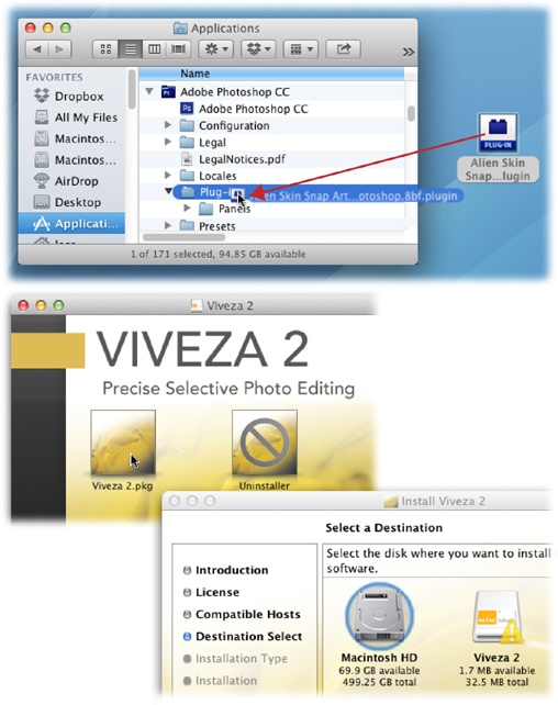 On a Mac, you can install a plug-in manually by dragging it into Photoshop’s Plug-Ins folder (top) or by using the installer provided by the folks who made the plug-in (bottom). You can also use the new Adobe Exchange panel to find and install plug-ins, as the Note on page 771 explains.On a PC, simply double-click the plug-in’s .exe file (if it doesn’t include one, just drag the file into the Adobe Photoshop CC→Plug-Ins folder).If you have trouble installing a plug-in, contact the person or company who created it for help.Once you’ve installed the plug-in, you might have to dig through Photoshop’s menus to find it. If a plug-in deals with batch processing (modifying multiple files at once), you may find it in the File→Automate menu instead of the Filter menu. And if it deals with selections or masking, you may find it lurking in the Select menu.