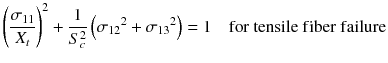 
$$ {\left(\frac{\sigma_{11}}{X_t}\right)}^2+\frac{1}{S_c^2}\left({\sigma_{12}}^2+{\sigma_{13}}^2\right)=1\kern1em \mathrm{f}\mathrm{o}\mathrm{r}\ \mathrm{tensile}\ \mathrm{f}\mathrm{iber}\ \mathrm{f}\mathrm{ailure}\vspace*{-18pt} $$
