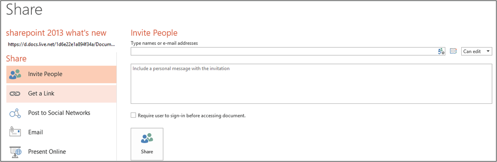 A screenshot of the Share tab in Microsoft Office 2013 Backstage. The Invite People tab is selected, and the user has the option to select other people they want to share the document with and what level of editing rights the invitees will have.