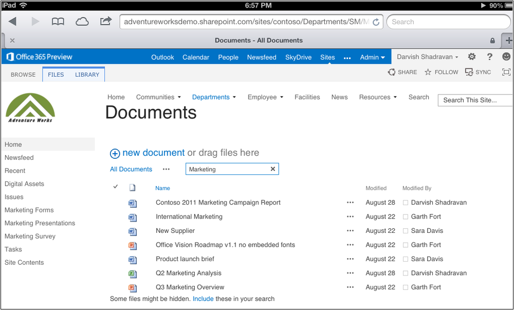 A screenshot showing a SharePoint document library being rendered in a browser on a non-Windows tablet device.