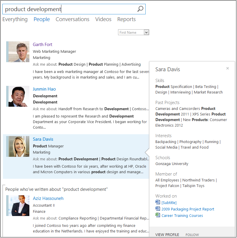 Screenshot of the SharePoint People search window. In the image, the user searched for the phrase “product development” in the People search vertical and then highlighted the name Sara Davis. Sara has the terms “product” and “development” listed in her Skills and Past Projects sections.