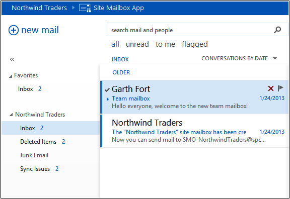 A screenshot of the new team mailbox functionality in SharePoint 2013. The user views email messages that are part of a SharePoint team site. Everyone on the team has access to these messages and can interact with them in the browser.