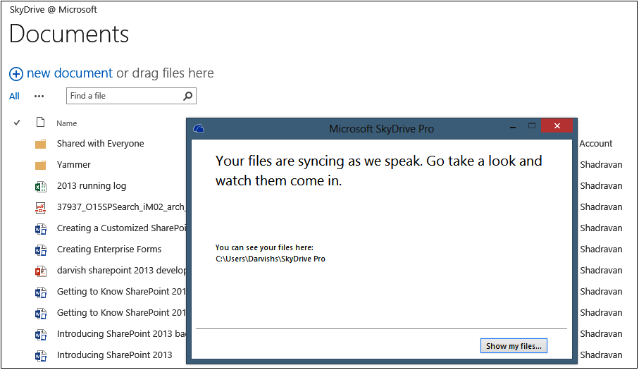 A screenshot that shows the SkyDrive Pro interface inside a SharePoint 2013 document library. The window that comes up indicates to the user that his files are syncing to the client system.