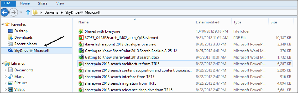 A screenshot that shows Windows Explorer on the user’s desktop. The user is currently looking at her SkyDrive folder and seeing all of the files that have synced from a SharePoint library.