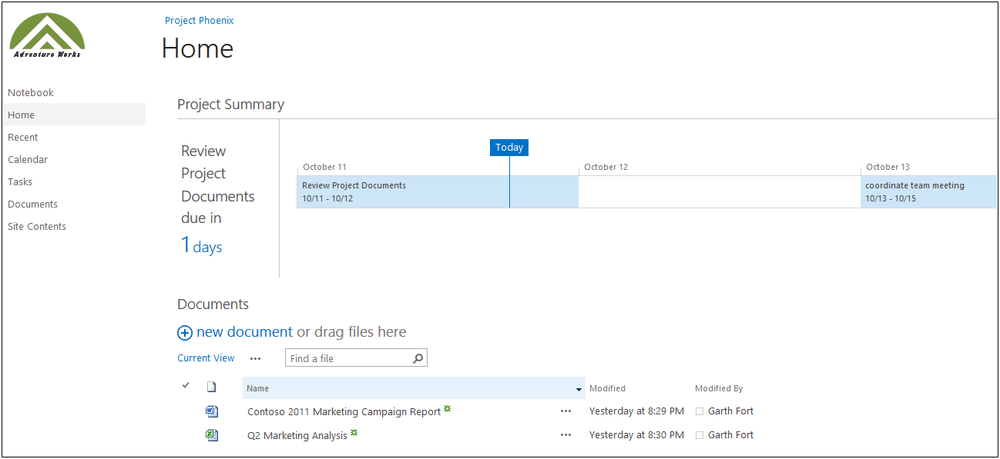 A screenshot of the new timeline view on a SharePoint team site. On this Project Summary view the user is able to see upcoming milestones and tasks related to their team’s project.