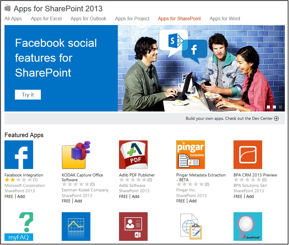 A screenshot of the SharePoint public app store. The user is presented with a variety of SharePoint app options to download. Some of the apps that are displayed are Facebook, Kodak Capture, and Adlib PDF Publisher.