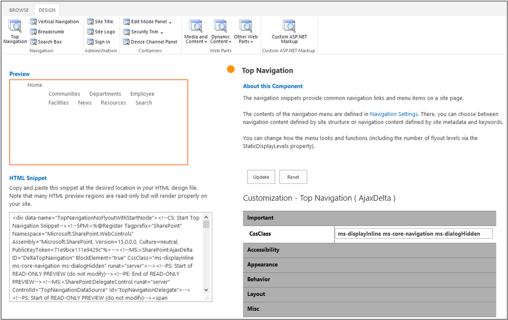 A screenshot of SharePoint Design Manager. It shows a code snippet where the designer could alter the HTML in order to customize the SharePoint navigation.