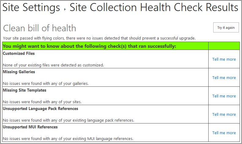 A screenshot of the site collection health check tool. The user can see details about the overall health of the site collection such as customized or missing files and unsupported language and MUI references.