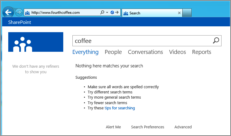 A screenshot of a browser window showing a SharePoint Search results page with no results for the keyword coffee