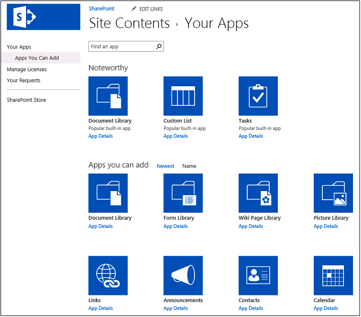 A screenshot of available SharePoint apps in default view.