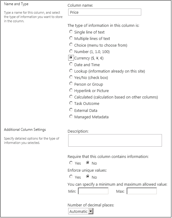 A screenshot showing multiple selection types available for column configuration.