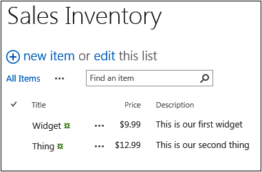 A screenshot showing a fully configured custom Sale Inventory table with three columns.