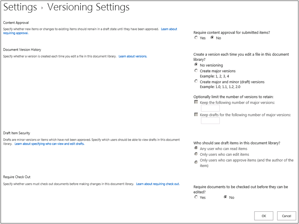 A screenshot of the versioning settings available to a library.