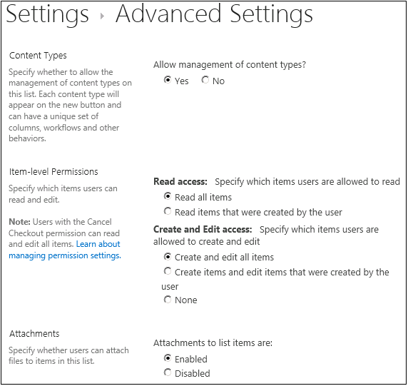 A screenshot of the available advanced settings to a list app.