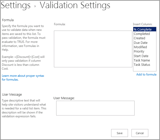 A screenshot of the available validation settings.