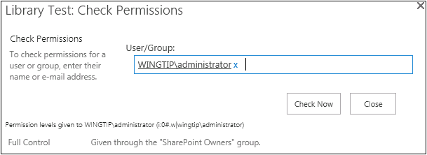 An example of library or list permissions check on the administrator user.