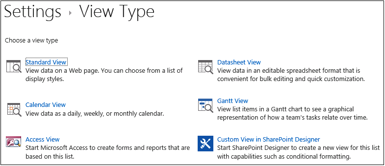 This figure displays the available view types on a list or library.