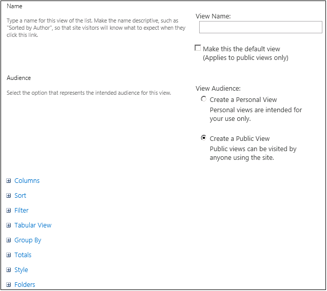 A figure of the options available when creating a view.