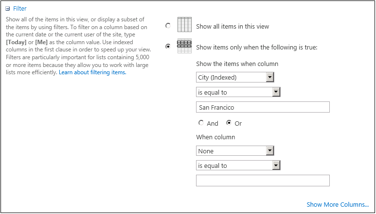 A screenshot shows how to configure a view to use an indexed column.