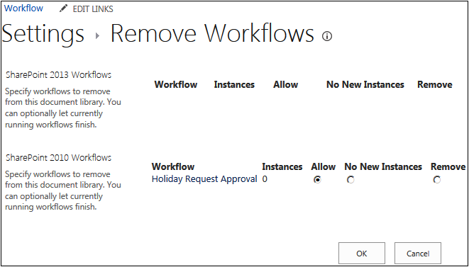 A screenshot of the Remove Workflows page.