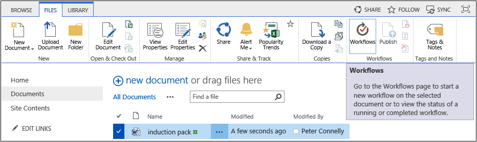 A screenshot of a document library with the Files tab displayed and one document selected in the main body of the page.