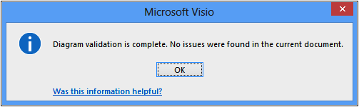 A screenshot of a Microsoft Visio dialog box stating that no issues were found.