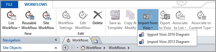 A screenshot of the Workflows tab displaying the two Import From Visio options.