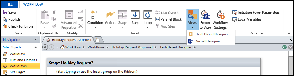 A screenshot of the Workflow tab, displaying the two options on the Views menu: Text-Based Designer and Visual Designer.