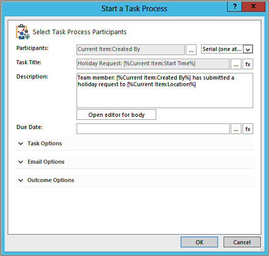 A screenshot of the expanded sections of the Start A Task Process dialog box.