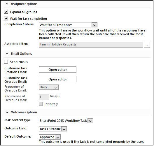 A screenshot of the Start A Task Process Properties dialog box.