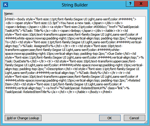 A screenshot of the String Builder dialog box displaying HTML tags for the email body.