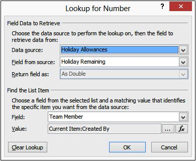 A screenshot of the Lookup For Number dialog box, with the input boxes completed.