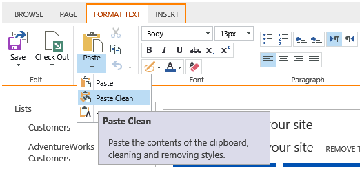 A screenshot of the Format Text tab, showing the Paste Clean option on the Paste split button.